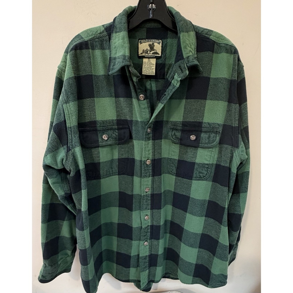 Field Stream Flannel Button Up Mens XL Green Black Vintage 90s Plaid Cotton